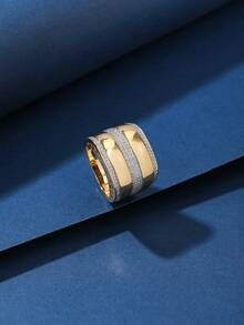 1 chiếc nhẫn bản rộng bằng đồng thiết kế trơn nhiều khối Zirconia dành cho nữ - Vàng - Xem 3