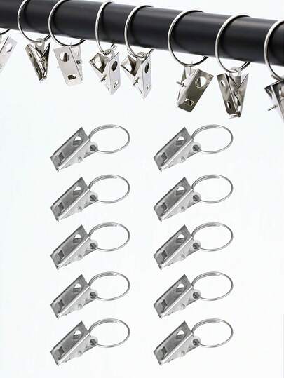10 Stück Edelstahl Vorhangclips mit Hakenringen, silberfarbene Duschvorhang Hänger Clips, Mini Haken Clips Ringe Hänger, rostfreie Metall Dekorative Gardinenbänder, Vorhangclips für Tür- und Duschvorhänge, Vorhangclips für Heimdekoration zum Aufhängen von Vorhängen, Schleifen, Hüten und Fotos, Weihnachtsdekoration