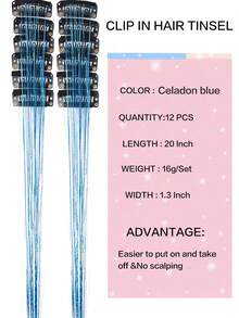 12 peças de extensões de cabelo sintético liso médio com presilha, ideal para festas e Natal. Extensões de cabelo loiro com fio metálico, 12 peças por pacote, 50 cm (20 polegadas) com glitter colorido, perfeitas para presentear em festas e ocasiões especiais. Acessórios de cabelo deslumbrantes para festas e ocasiões especiais. - Multicolorido - Ver 3