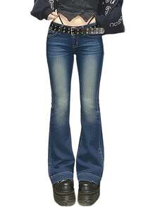 Bell Bottom Jeans For Women Flare Stretchy Mid-Low Rise Skinny Denim Pants Fall 90s Outfits - 藍色 - 查看 5