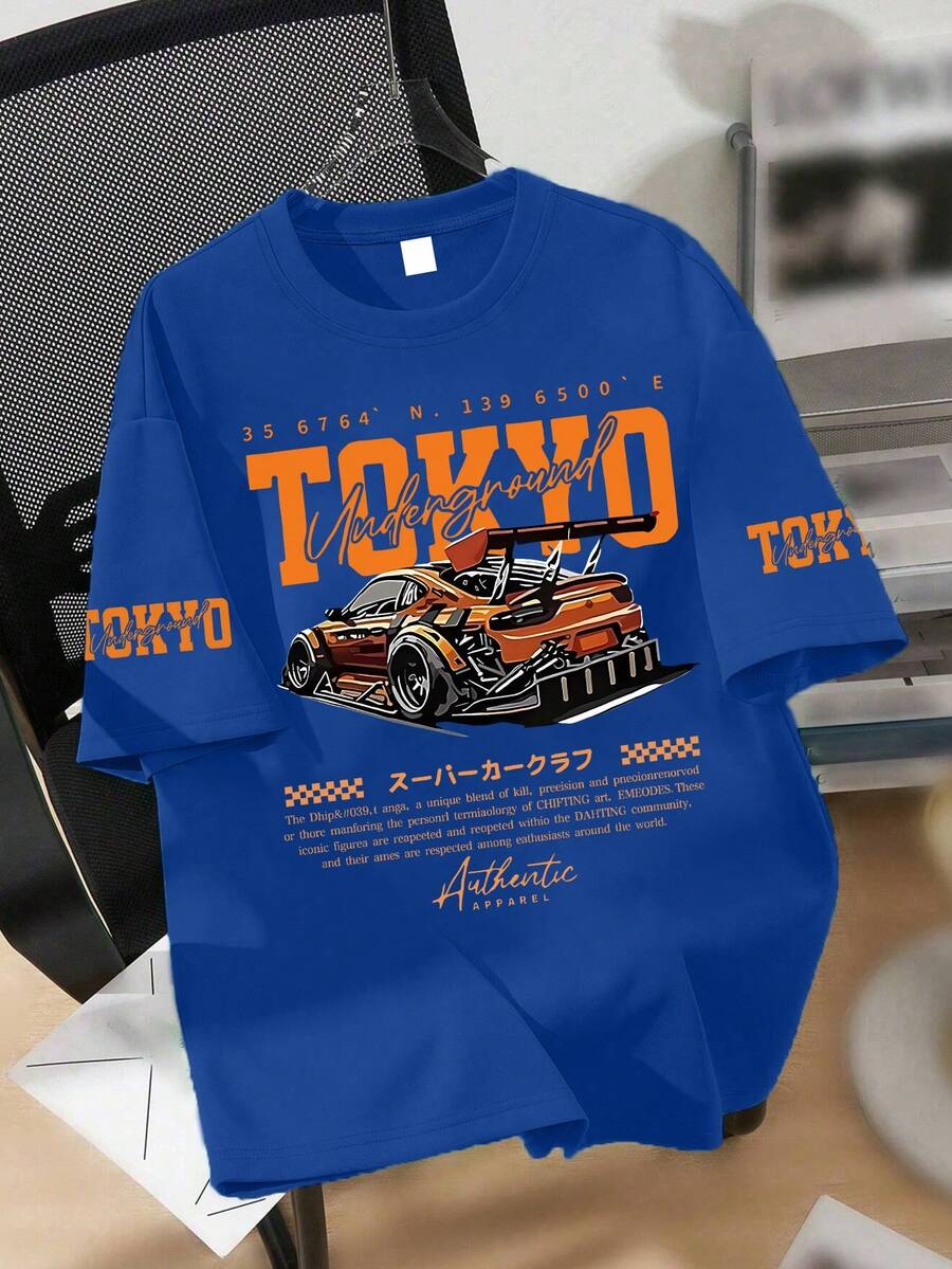 青少年男孩东京印花图案T恤，短袖汽车印花，赛车风格，都市风 - 藍色 - 查看 1