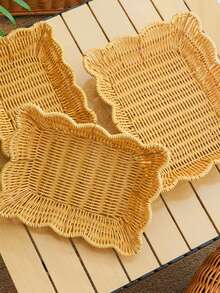 Handwoven Rectangular Rattan Storage Basket, Reusable Wicker Tray - For Holding Desserts, Snacks, Bread - Kitchen Decor, Living Room Bedroom Decor, Suitable For Back To School Season - Multicolor - View 5