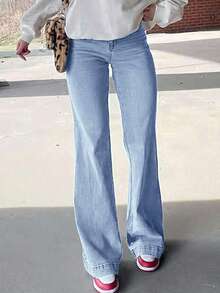 Womens Flare Bell Bottom Jeans Stretchy High Waisted Bootcut Denim Pants Fall With Huge Pockets - màu xanh nhạt - Xem 3