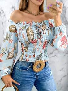 Áo trễ vai nữ, kiểu dáng thanh lịch, đơn giản, họa tiết hoa, tay dài, xếp ly, thắt eo giúp thon gọn, thích hợp cho các hoạt động hàng ngày, ở nhà, đi làm, dạo vườn, tụ họp, sân bay, tiệc cưới mùa hè, tiệc mùa xuân. - Màu xanh lam - Xem 1