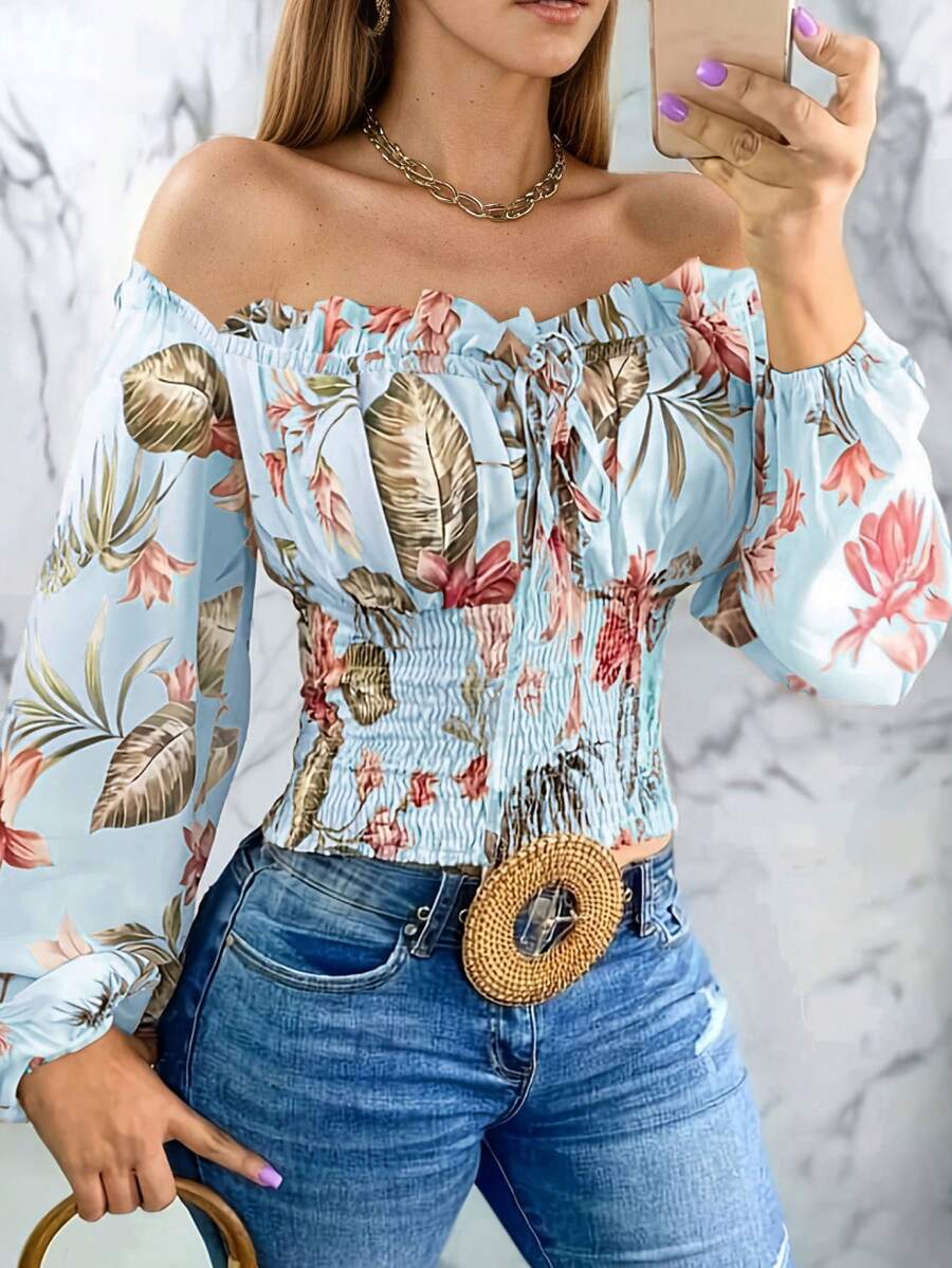 Áo trễ vai nữ, kiểu dáng thanh lịch, đơn giản, họa tiết hoa, tay dài, xếp ly, thắt eo giúp thon gọn, thích hợp cho các hoạt động hàng ngày, ở nhà, đi làm, dạo vườn, tụ họp, sân bay, tiệc cưới mùa hè, tiệc mùa xuân. - Màu xanh lam - Xem 1