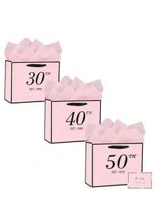 一套粉色30/40/50岁生日礼品袋，包含卡片和薄纸，男女通用，适用于1995/1985/1975年出生人士，30/40/50岁优雅粉色和黑色周年纪念派对礼品购物纸袋，用于礼品包装 - 彩色 - 查看 2