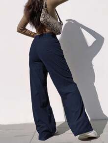 Corduroy Wide Leg Pants Women Casual Spring 2026 Elastic Waist Stretchy Loose Trousers With Pockets - 藏蓝色 - 查看 4
