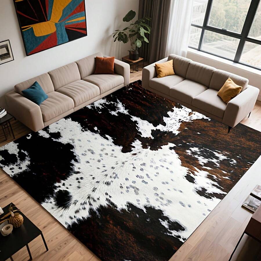 850g/M² Velvet, Modern Simple Cowhide Texture Rug, Designed In White And Dark Brown, Non-Slip, Machine Washable, Suitable For Bedroom, Living Room, Office Indoor Use, Adds Natural Atmosphere To The Space, Perfect Gift For Christmas, Halloween, Thanksgiving, Father's Day, Mother's Day, Graduation, And Independence Day SN18710 - 彩色 - 查看 1