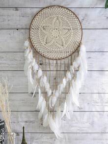 1 件手工制作的白色捕梦网壁挂装饰，适用于卧室、客厅、时尚家居风铃捕梦网装饰，适用于家庭、婚礼、房间装饰（羽毛为人造） - 白色 - 查看 3