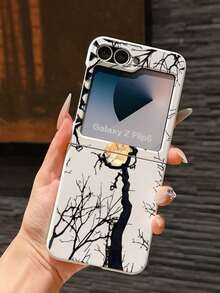 1pc Fashionable And Simple Skin Feel PC Material Full Screen Cute Dead Branches Moon Element Folding Phone Case, Can Protect And Prevent Falling: Compatible With SamsungGalaxy Zflip 3/Zflip 4/Zflip 5/Zflip 6/Zflip 7/ Find N3 Flip/ Razr 50 Ultra/ Razr 60 Ultra/ Razr 60/ Razr 50/Galaxy Z Flip7 FE - White - View 9