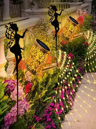 1 pieza - Regadera de hadas solares / Farol de hadas con luz LED de cascada metálica, farol de hadas para exteriores, iluminación de ambiente exterior adecuada para bodas, jardines, céspedes, patios, decoraciones navideñas y regalos