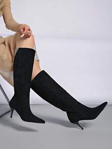 秋冬季尖头时尚百搭麂皮过膝长靴，猫跟，细高跟 - 咖啡棕 - 查看 4