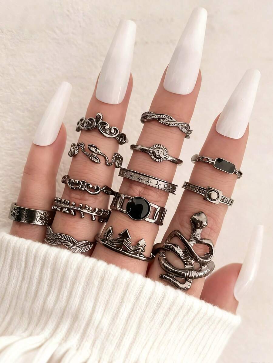 14件套蛇形、星形、太阳戒指套装，适合日常佩戴 - 槍黑色 - 查看 1