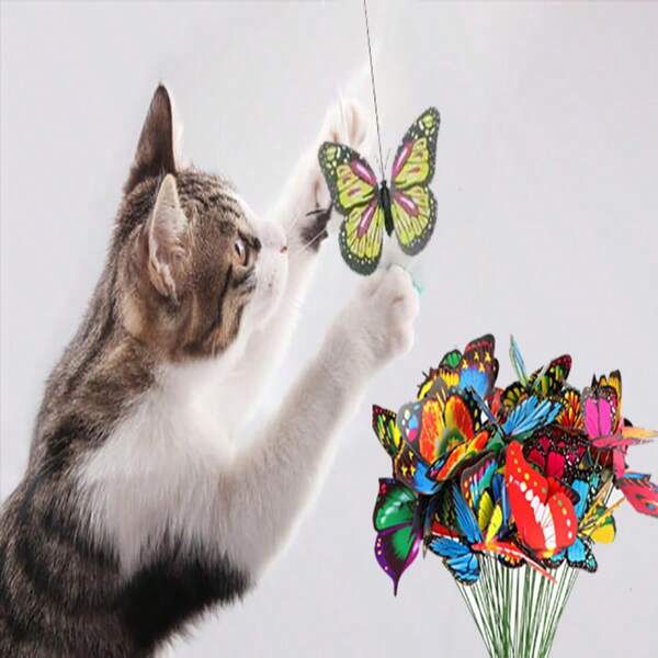 3 jouets interactifs pour chat en forme de papillon 3D réaliste avec bâton, papillon en mouvement amusant, sans électricité, assortiment de couleurs et de styles aléatoires
