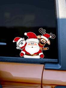 ملصق عيد الميلاد - قطعة واحدة صورة كرتونية لسانتا كلوز والرنة لتزيين السيارة على الزجاج/الهيكل/المصد/خزان الوقود/النافذة الخلفية/الدراجة النارية، ملصق سانتا والرنة مقاوم للماء للتعليق على النوافذ، مناسب أيضًا للسيارة والكمبيوتر، ملصق سيارة يغطي الخدوش