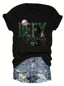 1PC Women's Printed Style Wicked-Inspired "Defy Gravity" Short Sleeve Tunic T-Shirt - Printed Style-Casual Round Neck Relaxed Fit With Wizard Of Oz Dorothy &  Print, Machine Washable All-Season Comfort For Themed Events & Casual Attire (No Lacing Detail) - Stylish Beige With Green Lettering & Pink Bow Accent, Soft Fabric For Layering Or Standalone Wear, Iconic Movie-Inspired Design, Half Sleeve T Shirts For Women, Fitted Long Sleeve Top, Vintage Tshirt, Long Waist Shirts For Women,-Unisex Vintage Cotton Tee Black White - Loose Fit For American Music Festival Camping & ShowsWomen's Round Neck T-Shirt Lightweight Basic Fitted Tee For Everyday Loungewear - màu đen - Xem 1