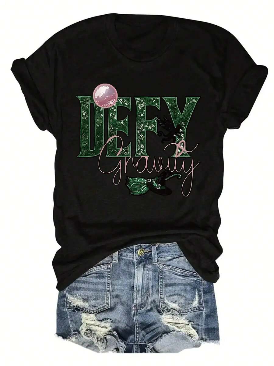 1PC Women's Printed Style Wicked-Inspired "Defy Gravity" Short Sleeve Tunic T-Shirt - Printed Style-Casual Round Neck Relaxed Fit With Wizard Of Oz Dorothy & Print, Machine Washable All-Season Comfort For Themed Events & Casual Attire (No Lacing Detail) - Stylish Beige With Green Lettering & Pink Bow Accent, Soft Fabric For Layering Or Standalone Wear, Iconic Movie-Inspired Design, Half Sleeve T Shirts For Women, Fitted Long Sleeve Top, Vintage Tshirt, Long Waist Shirts For Women,-Unisex Vintage Cotton Tee Black White - Loose Fit For American Music Festival Camping & ShowsWomen's Round Neck T-Shirt Lightweight Basic Fitted Tee For Everyday Loungewear - màu đen - Xem 1