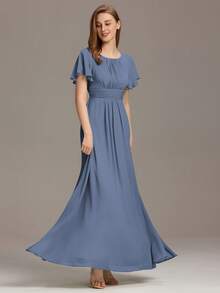 Women's Elegant Crew Neck Empire Waist Pleated Chiffon Maxi Bridesmaid Dress Formal Dress - Dusty Blue - View 2