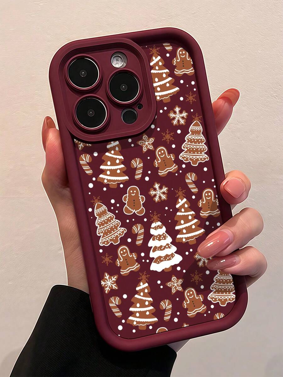 1pc Gingerbread Man & Christmas Tree Pattern Full Coverage TPU Shockproof Phone Case, Compatible With IPhone 16, 15, 14, 13, 12, 11 Pro Max And Series