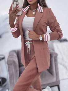 Women's Striped Patchwork Casual Sports Jacket And Pants Suit