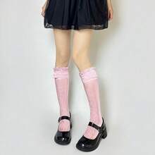 Benefeet Sox Lace Knee High Socks Women Girls Patterned Mesh Fishnet Knee High Stockings Hollow Calf Lolita Sock{"Color_name":"Pink-LaceRuffleFloralPattern"} - 粉紅色蕾絲荷葉邊花卉圖案 - 查看 9