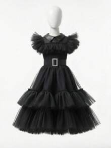 Disfraz de Niña Inspirado en Estilo Gótico Elegante – Vestido Largo Negro con Volantes de Tul, Cuello Blanco y Cinturón – Ideal para Halloween, Fiestas Temáticas o Eventos Escolares – Atuendo de Princesa Oscura / Miércoles – Traje Infantil de Alta Calidad con Detalles Sofisticados y Toque Vintage – Comodidad y Estilo en un Solo Look - Negro - Ver 2