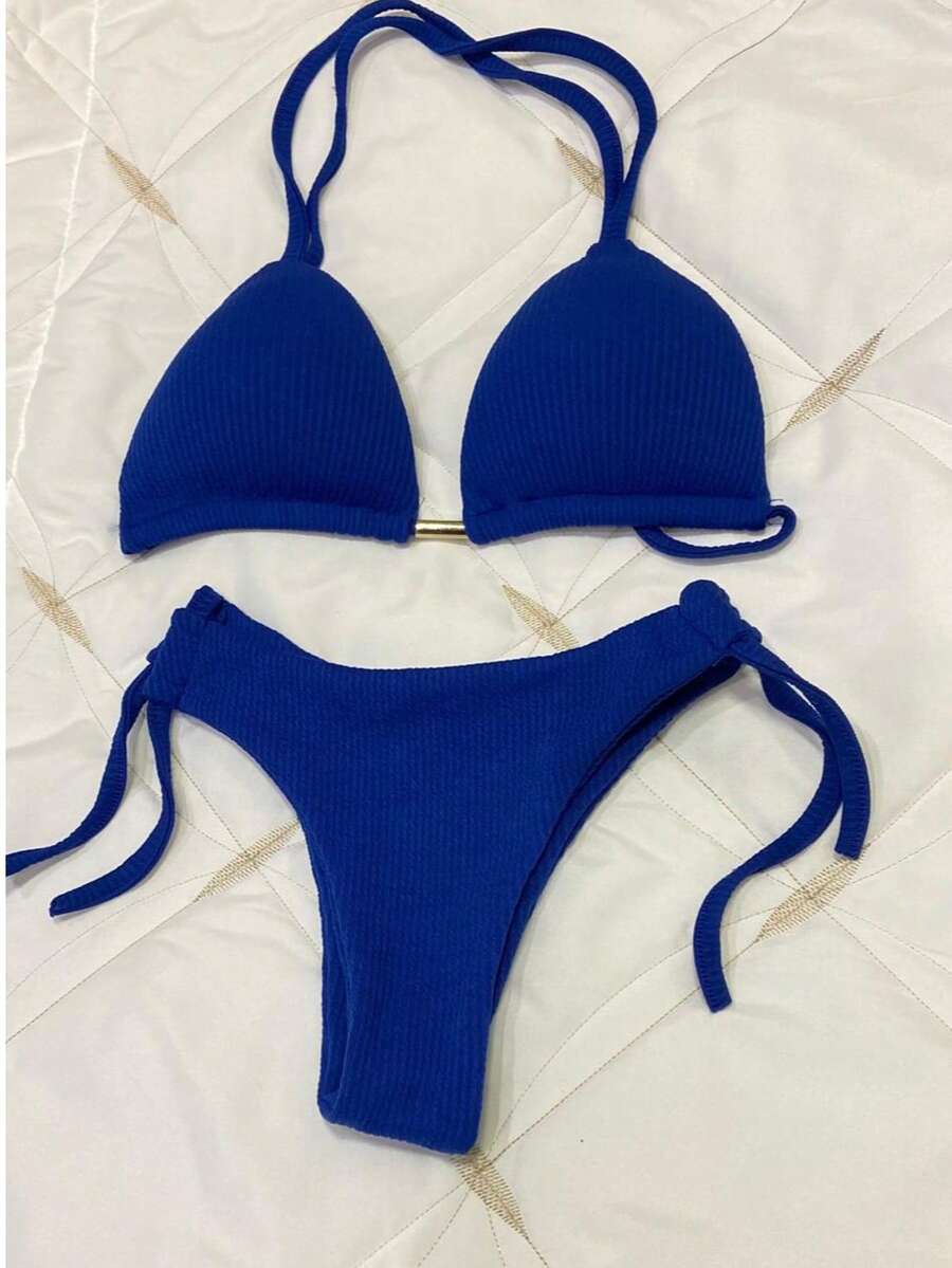 Ribbed Bikini Top, Bikini Bottom, Double Thong, Semi-G-String, Simple Casual, Knot, Backless, Bralette, Beach, Vacation - 寶藍色 - 查看 1