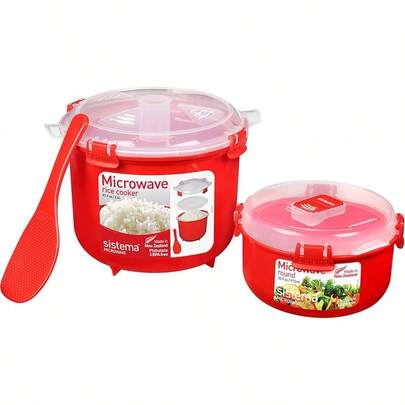 82001ZS Microwave Rice Cooker 2.6L And Round Microwave Food Container (915ml) BPAFree Red Clear