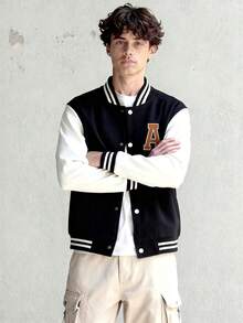 1pc Teenager Boys Casual Loose Fit Contrast Color Letter Print Zip-Up Baseball Jacket, Autumn/Winter