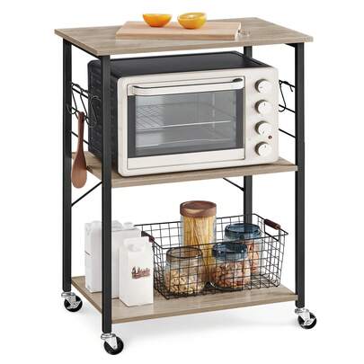 Kitchen Shelf On Wheels, Serving Trolley With 3 Shelves, Microwave Shelf, For Mini Oven, Toaster, With 6 Hooks, Industrial Style, Greige And Black