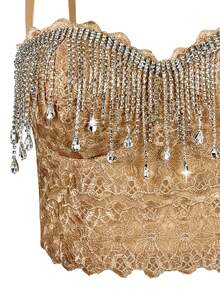 Top corto con corpetto in strass, top corset sexy in rete, reggiseno in pizzo con catena e nappe, adatto per feste e festival - Dorato - Visualizzare 4