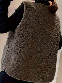女式加大码灯芯绒背心，无袖，圆领，棕色，常规长度，带口袋和纽扣