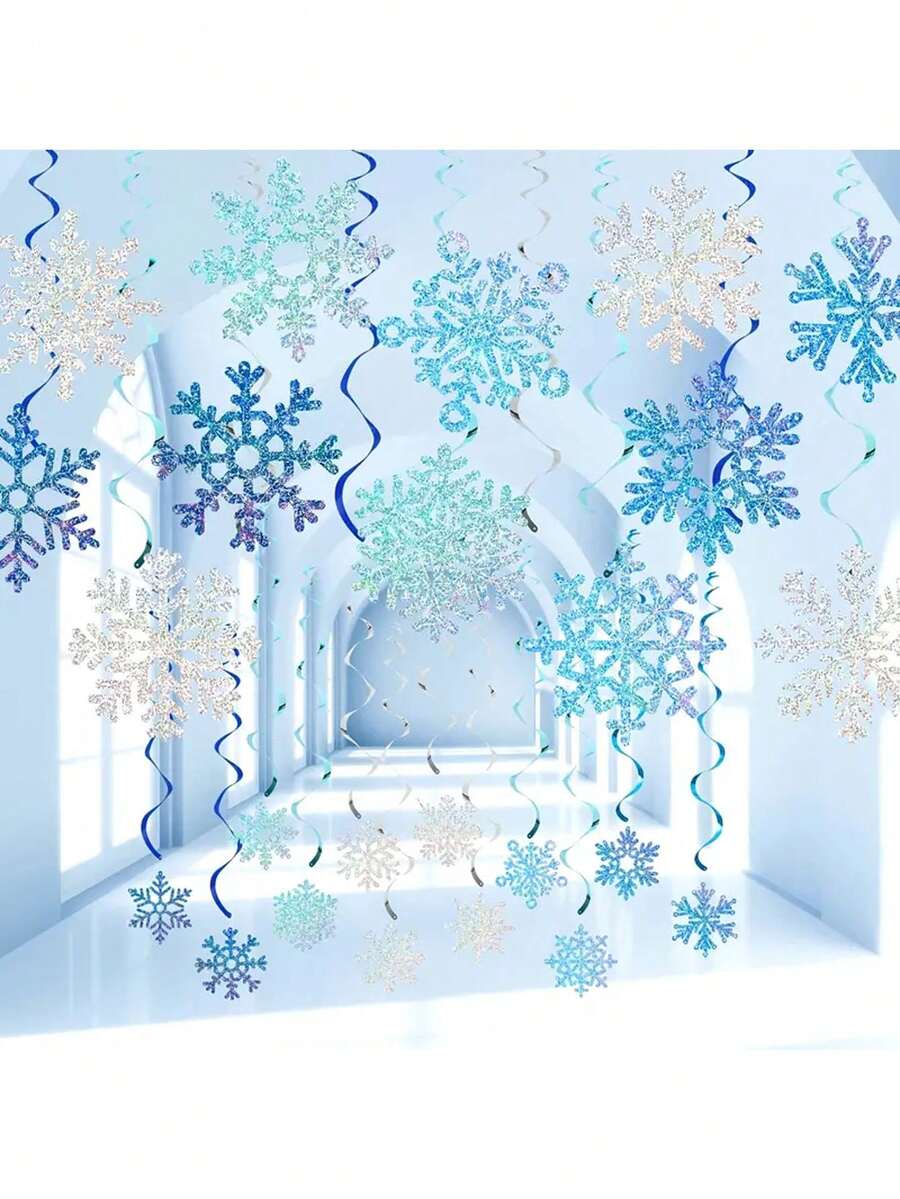 24 pezzi Decorazioni a spirale appese con fiocchi di neve blu e argento, ghirlanda di fiocchi di neve arcobaleno per soffitto, decorazioni per feste a tema Frozen, adatte per Capodanno, compleanni, feste di Natale, decorazioni invernali - Multicolore - Visualizzare 1