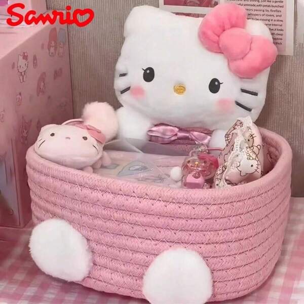 Sanrio 1 pièce Panier de rangement Sanrio Hello chat Kawaii Mignon Boîte de rangement pour cosmétiques et jouets Décoration de chambre Cadeau d'anniversaire Rose