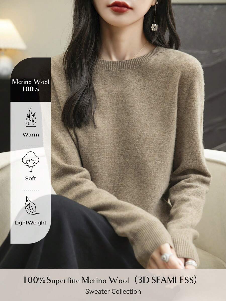 Women 100% Merino Wool Pullover Sweater, Warm & Soft Knitted Sweater For Autumn/Winter - Mocha Brown - View 1