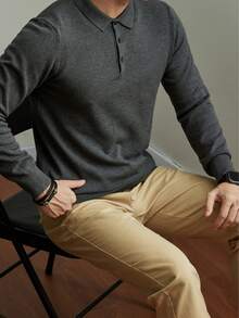 ALTZTAR Suéter tipo polo de manga larga de punto de unicolor para hombre, casual para otoño/invierno - Gris - Ver 5