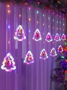 Luces de cortina LED de Navidad con decoraciones de Papá Noel, muñeco de nieve y alce - Control remoto USB regulable con 8 modos, luces amarillas cálidas de estrella falsa para dormitorio, fiesta, boda, cobertura de 15m² - Multicolor - Ver 7