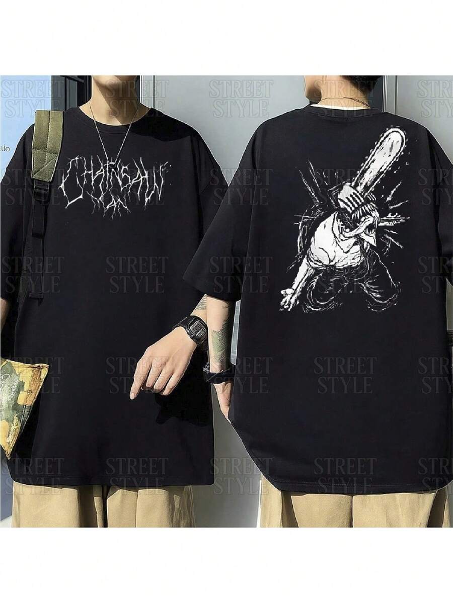 ChainsawMan Anime Manga Movie Pray Denji Chainsaw Demon Geek T-Shirt Unisex Male Female 100% Cotton Top Premium Streetwear Launch Immediate Shipping Various Colors!! Plus Size - 黑色惡魔 - 查看 1