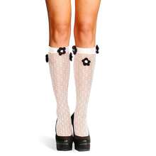 Benefeet Sox Lace Knee High Socks Women Girls Patterned Mesh Fishnet Knee High Stockings Hollow Calf Lolita Sock{"Color_name":"White-Black3dFlowers"} - 白黑3d花朵 - 查看 8