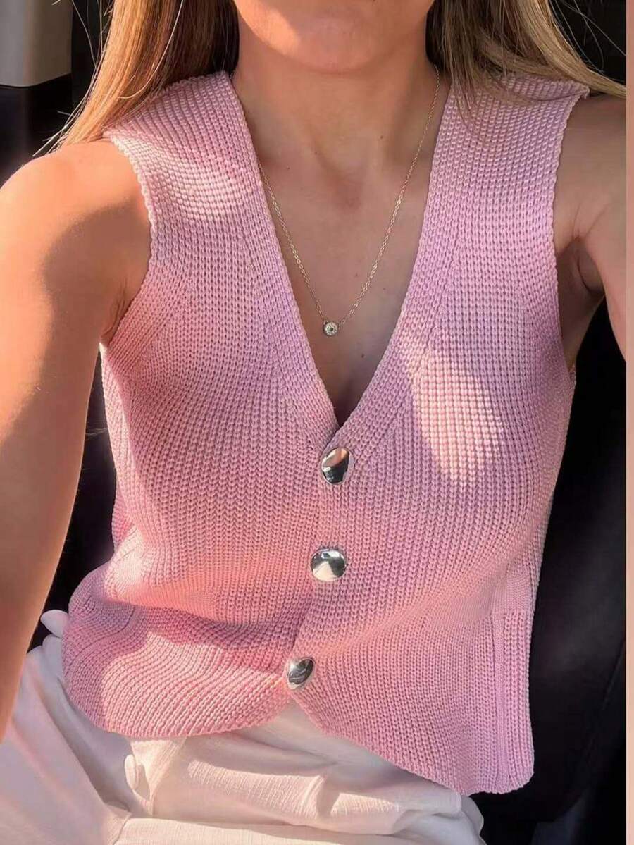 Women's Vest With Button - 粉色 - 查看 1