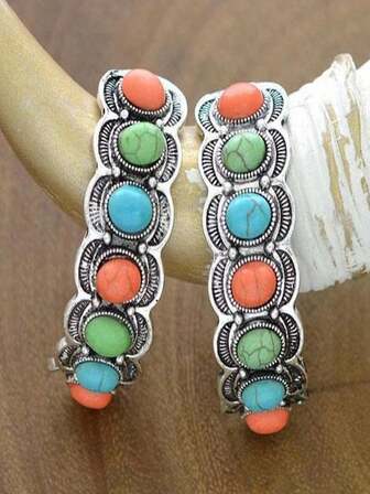 1 Pair Fashionable Women's Retro Bohemian Style Colorful Turquoise Crescent Earrings, Lightweight Luxury Earrings Suitable For Daily, Vacation, Party (Stone Pattern Random)