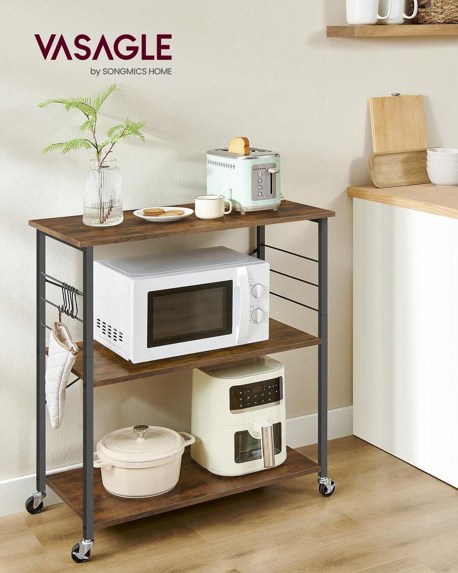 Kitchen Shelf On Wheels, Serving Trolley With 3 Shelves, 80x40x89cm - Brown - View 1