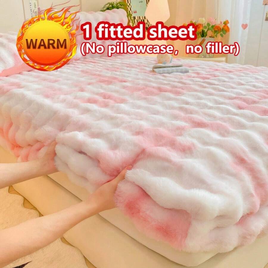 1pc Thick Faux Fur Fitted Sheet, Mattress Protector Cover, Floral Pattern, Plush, Warm, Wrinkle-Resistant, Removable & Washable, Single/Double/Full Size - Ideal For Bedroom & Guest Room - Bubble-rouge Powder - View 1