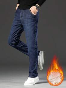 2025 New Winter Thermal Fleece-Lined Jeans Slim-Fit Thermal Fleece-Lined Jeans Casual Business Style Cotton Blend Fabric Preppy Aesthetic Everyday Wear Ideal For Cold Weather Stretch Design Solid Color Regular Length Washed Finish Zipper Fly Suitable For Mature Occasions The Perfect Gift Choice - 天藍色 - 查看 3