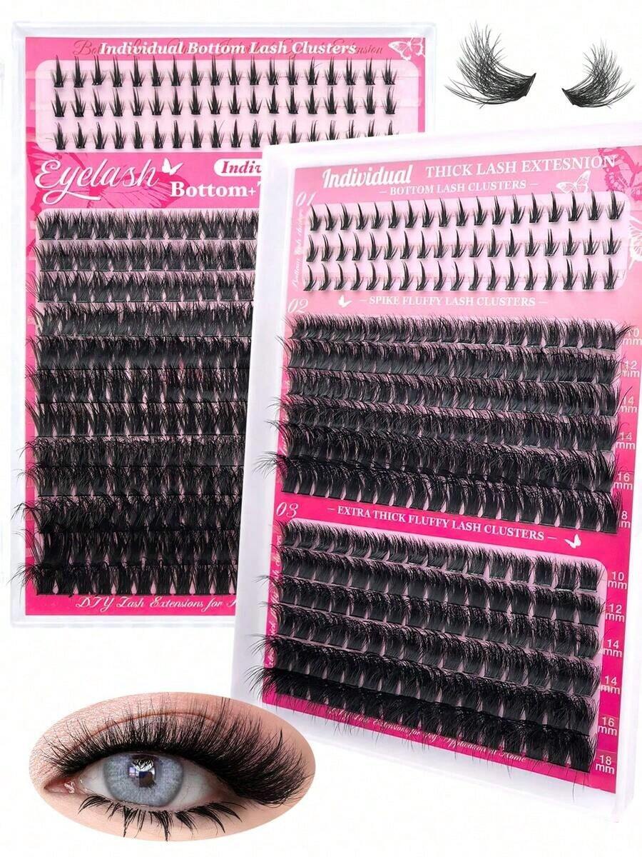 300PCS Independent Eyelash Clusters 60D/80D D Curl 10-18mm DIY Individual Eyelash Extension Kit, Ultra-Dense, Fluffy, Natural-Looking, Reusable, Suitable For Home Use, Going Out, Daily Life, Weddings, Dates, Parties, Music Festivals And Travel - 黑色 - 查看 1
