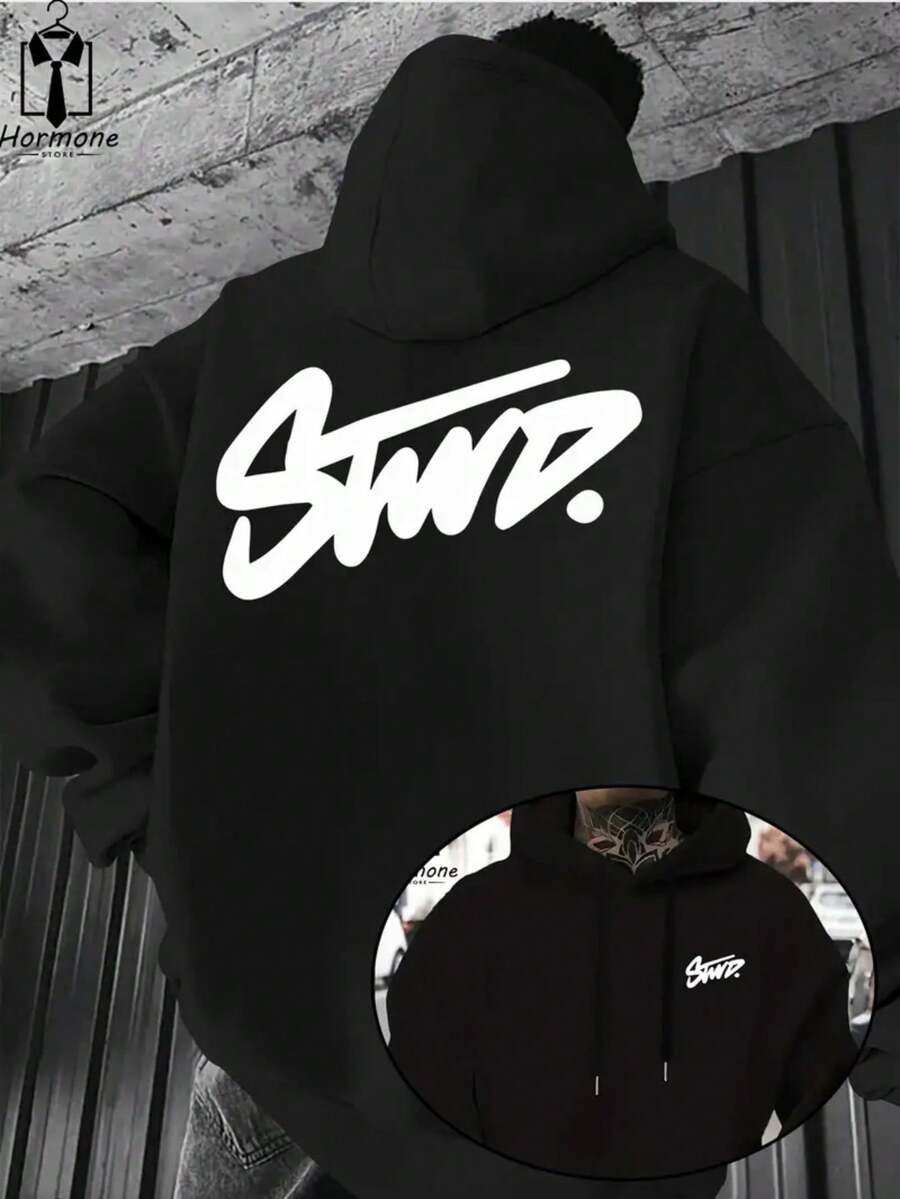 Men's Pink Hooded Sweater -Stwd Letter Graffiti Print Pullover, Eye-Catching White Letters, Loose Version With  Pocket, Warm In Winter, Stylized Logo Design, Machine Washable, Necessary For Autumn And Winter Wear-Casual Street Wind Sweater (Pink/White) -Stwd Brand Men's Fashion, Back Printing And Loose Version, Soft Pink, Simple Logo, Suitable For Outdoor Wear And Overlapping. - 黑色 - 查看 1