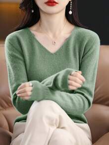 100% 美利奴羊毛女士毛衣 V 领套头衫 一线成衣休闲长袖无缝针织毛衣 - 橄欖綠 - 查看 2