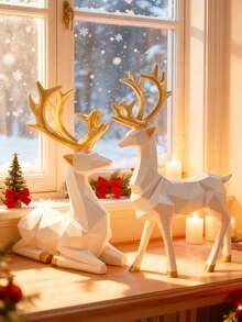 2Pcs Christmas Reindeer Figurines,Resin Sitting Standing Deer Statues Creative Craft Reindeer Figurines Ornaments Living Room Lucky Wealth (Resin, White)Suitable For Holiday Home Decoration, Holiday Table Centerpiece, Christmas Mantel, Windowsill And Fireplace Decorations, Ideal Christmas Decorations For Indoor Parties, Family Gathering Supplies And Unique New Year Gifts For Friends