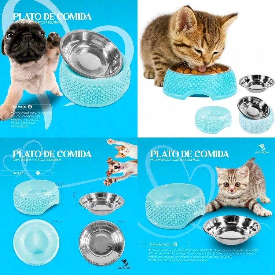 2 Platos para Perro o Gato de Acero Inoxidable Set de 2 Piezas de Cuencos para Mascotas Apilables y Antideslizantes Fáciles de Lavar para Gatos Perros pequeños y Cachorros Azul - Azul - Ver 1