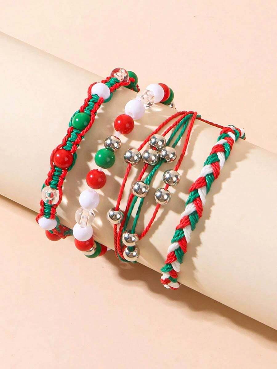 4 قطع/مجموعة أساور عيد الميلاد، أساور مضفرة مخرزة بوهيمية للتكديس لعيد الميلاد